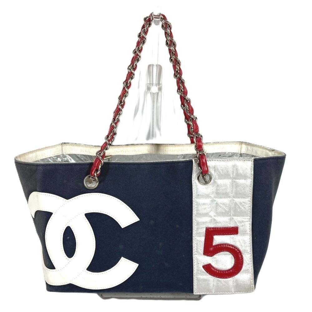 CHANEL No. 5 Logo CC Coco Mark Tote Bag Shoulder Double Chain Leather Canvas ...